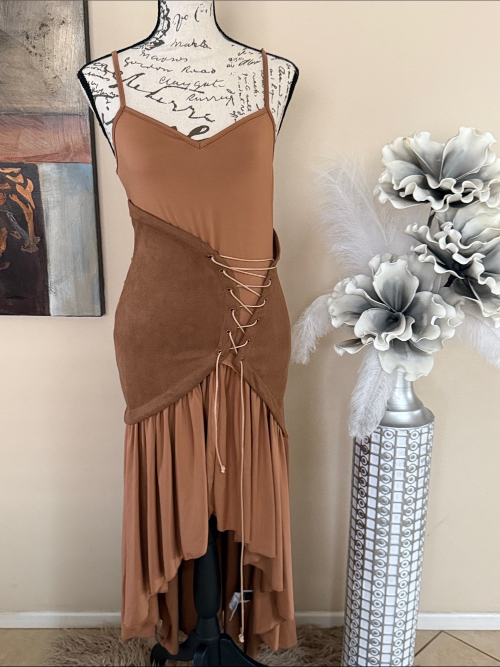 Source Unknown Rust Brown Asymmetric Lace-Up High-Low Dress